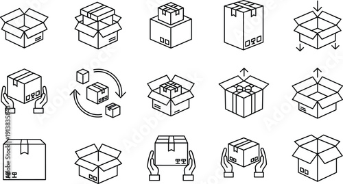 Package and cardboard box icon set with shipping delivery unpacking and moving symbols isolated line vector illustration