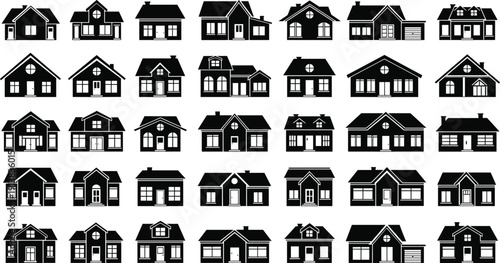 House silhouette icon set featuring various residential home designs in black isolated vector illustration collection