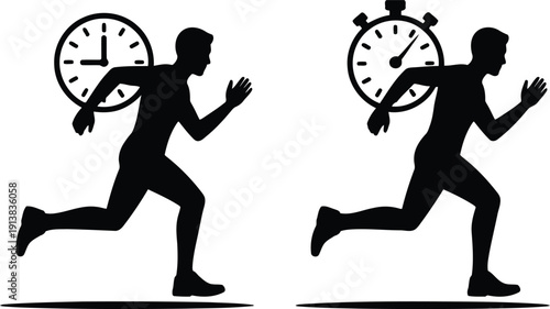 Iconic black silhouettes of a speedy runner carrying a large clock and another with a stopwatch