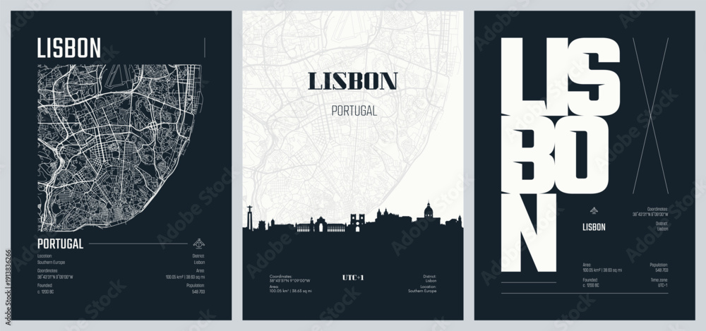 Obraz premium Detailed urban street plan city map, Set of travel posters with Lisbon, Silhouette city skyline, vector artwork, set 2