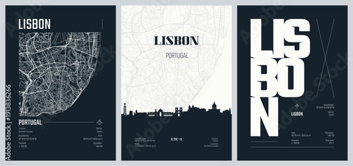 Detailed urban street plan city map, Set of travel posters with Lisbon, Silhouette city skyline, vector artwork, set 2
