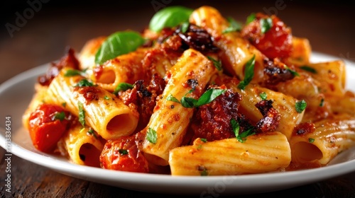 A delectable plate of rigatoni pasta topped with rich tomato sauce and fresh basil leaves, beautifully served to highlight the essence of Italian cuisine and appetizing visuals.