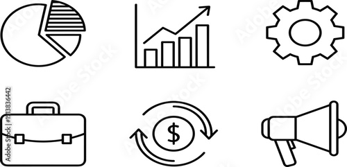 Business and Financial Analysis Line Icons Set including Pie Chart, Bar Graph Growth, Settings Gear, Briefcase, Money Exchange, and Megaphone Marketing.Business and Financial 
