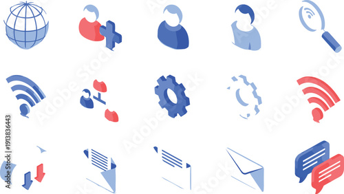 Modern isometric communication icons set with users wifi settings mail and chat symbols isolated vector illustration