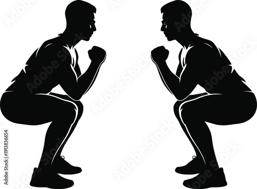 Identical male silhouettes demonstrate a squat position, facing one another in an active workout stance