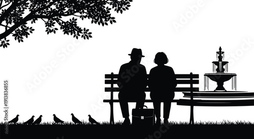 Black silhouette of an elderly couple sitting on a park bench under a tree near a fountain and birds isolated on white background