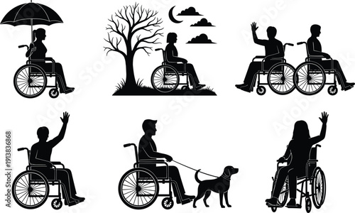 Black silhouettes of people in wheelchairs in various life situations including walking a dog using an umbrella and waving isolated on white background