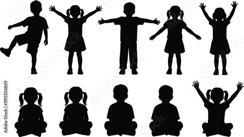 Black silhouettes of children in various active and calm poses including sitting cross legged standing with arms raised and playing isolated on white background