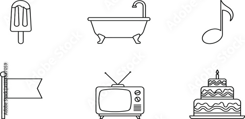 Lifestyle Icon Set Featuring Popsicle Ice Cream Bath Tub Music Note Flag Television And Three Tier Celebration Birthday Cake With CandleLifestyle Icon Set Featuring Popsicle Ice 