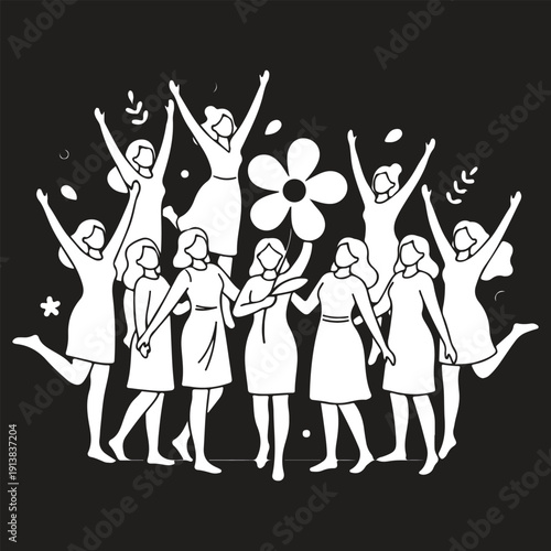 Happy women group celebrating together. Female friends jumping and holding a large flower. International Women's Day vector illustration on black background.