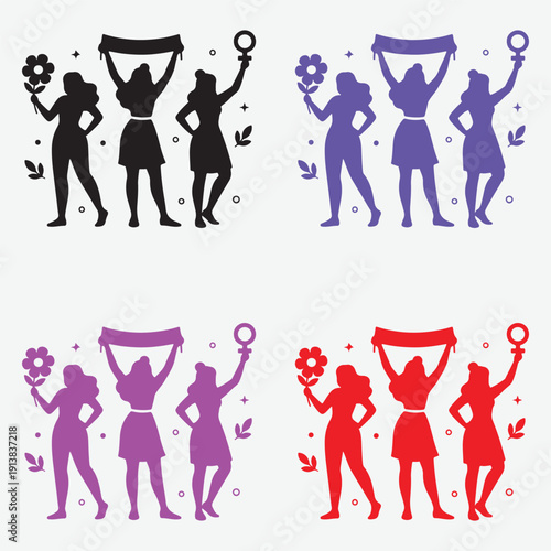 International Women's Day illustration set. Silhouettes of women activists holding flower, banner, and female symbol. Vector collection in black, purple, pink, and red.