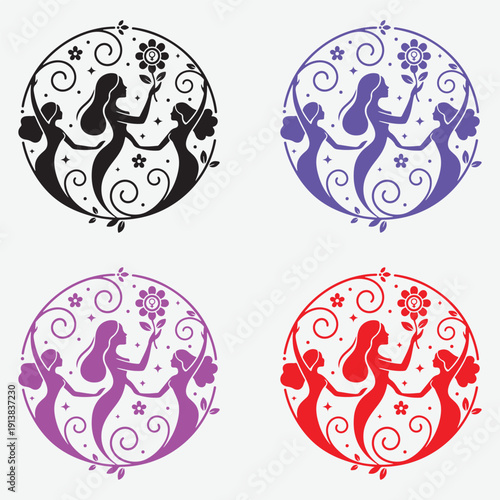 International Women's Day circular emblem set. Female silhouettes holding a flower with gender symbol. Vector badge collection with floral swirls.