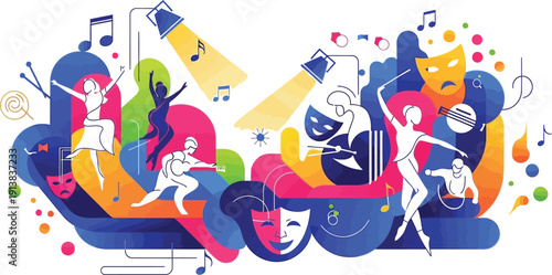 Vibrant illustration depicting diverse performing arts figures dancing singing and acting under bright theatrical stage spotlights creating dynamic energy