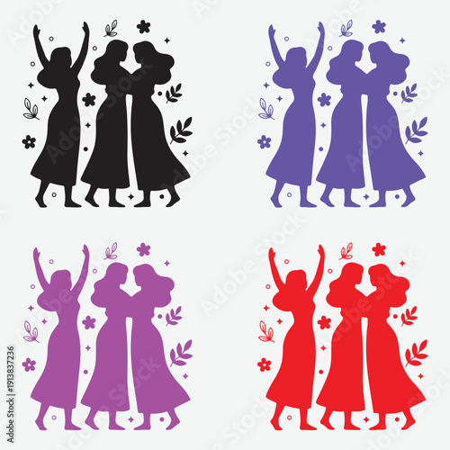 Happy women silhouettes set. Female friends hugging and celebrating with raised arms. International Women's Day vector illustration collection.