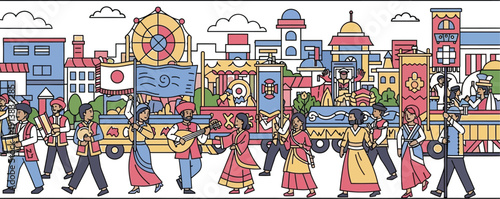 Colorful illustration depicting a diverse cultural parade moving through a stylized city environment featuring traditional costumes and festive musical instruments