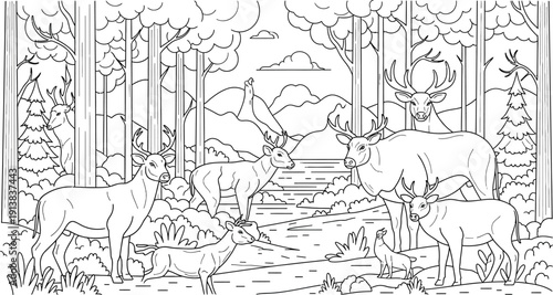 Detailed black and white line art illustration featuring a large family of majestic deer standing together within a dense forest landscape near a peaceful river setting.