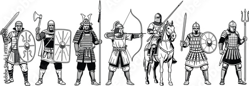 Large collection of black historical warrior silhouettes featuring Roman soldier Viking gladiator Japanese samurai archer knight on horse and ancient infantry isolated on white background.