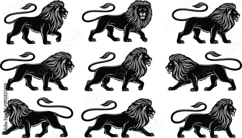 Large collection of black lion silhouettes featuring various walking and standing poses with majestic manes isolated on white background for wildlife and heraldic design.