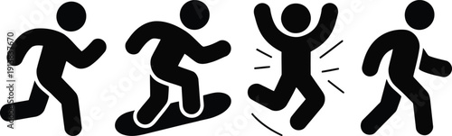 Multiple black stick figure icons depicting various human actions like running, snowboarding, leaping, and walking