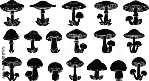 Large collection of black mushroom silhouettes featuring various fungi species with caps stems and leaves isolated on white background for nature graphic design.