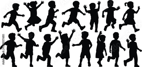 Multiple cheerful children silhouettes actively run, jump, and interact playfully against a crisp white