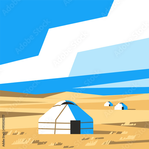 Nomadic Yurts in a Flat Desert Landscape