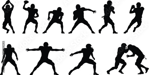 American football player silhouette set, athletes in action poses throwing catching tackling isolated black vector illustration collection on white background