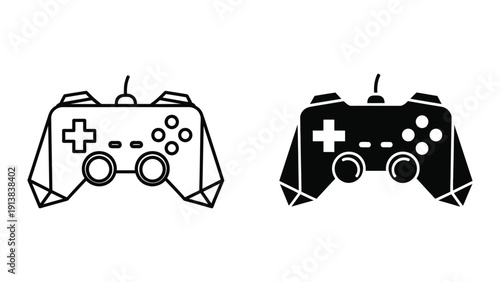 Dual gamepad controllers illustration, black and white design