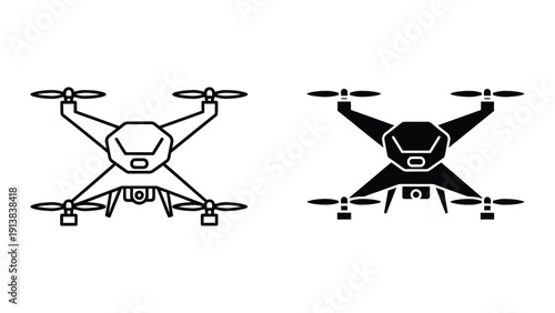 Drone icons, black and white drone illustrations, aerial vehicle silhouettes