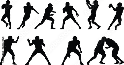 American football player silhouettes collection, athletes throwing catching defending tackling in action isolated black vector illustration set on white background