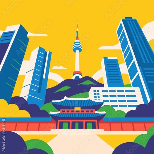 Dynamic Cityscape Modern Skyscrapers and Traditional Asian Architecture