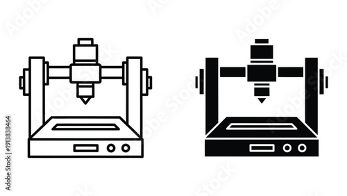 3D printer machine icon, black and white outline