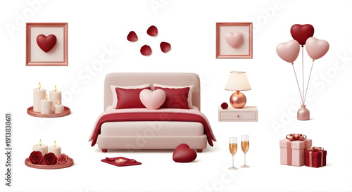 Romantic bedroom decoration set for Valentine's Day, featuring candles, balloons, and gifts