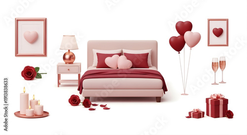 Romantic bedroom decor and Valentine's Day essentials including candles, roses, hearts, balloons, champagne flutes, and gift boxes for a special occasion