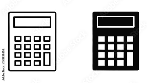 Calculator icon set, black outline and solid black on white background