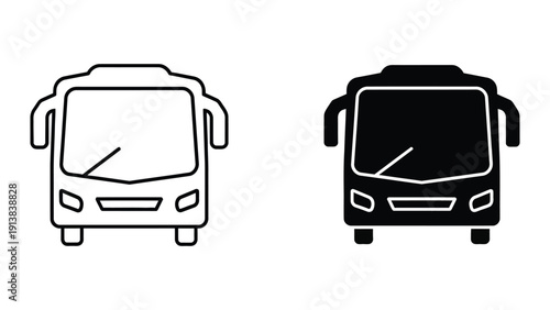 Front view of a bus in white and black outline on white background
