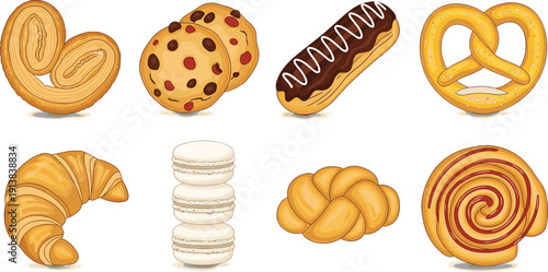 Sweet Pastry and Bakery Desserts Set. Croissant, Cookie, Eclair and Pretzel Illustration. Cute Flat Baked Goods Vector Collection for Cafe Menu Design.