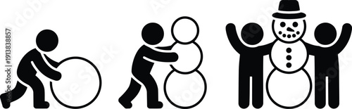 People icons show the step by step process of building a classic snowman during winter activities