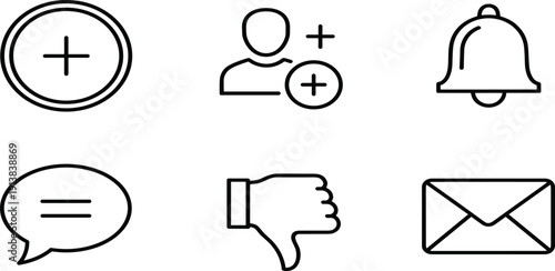 User Interface Icon Set Featuring Plus Sign Add User Notification Bell Speech Bubble Dislike Thumbs Down And Email Envelope For CommunicationUser Interface Icon Set 