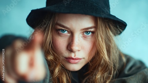 A striking young woman with curly hair and a black hat pointing directly at the camera with an intense look, exuding confidence and determination in her expression.