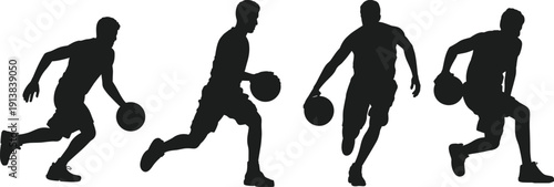 Basketball player silhouettes set, male athletes dribbling ball in dynamic motion isolated black vector illustration collection on white background
