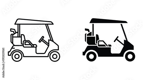 Golf cart silhouettes, black and white illustration, side view