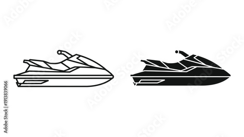 Two jet skis side by side, one outlined and one filled, on white background.