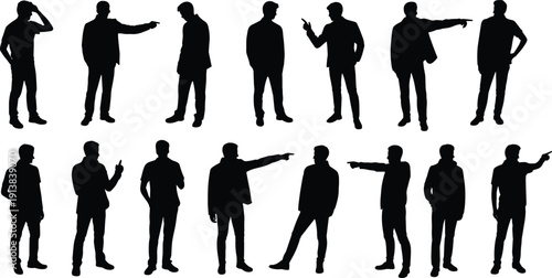Business men silhouette collection, male corporate figures standing pointing and talking isolated black vector illustration set on white background