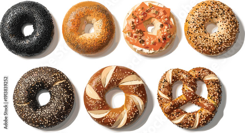 Gourmet Bagel and Pretzel Collection. Sesame, Poppy Seed and Filled Bagel Illustration. Realistic Bakery Top View Vector for Cafe Breakfast Menu Design.