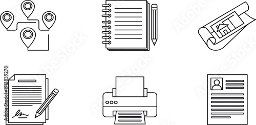 Business Planning Icon Set Featuring Map Location Pins Spiral Notebook House Blueprint Architecture Plan Signed Contract Printer And Professional Resume 