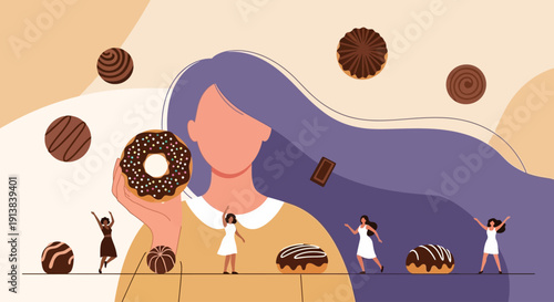 Modern Flat Illustration of Confident Woman with Chocolate Donut and Feminine Lifestyle Concept