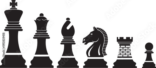 Set of black and white chess pieces including king, queen, bishop, knight, rook, and pawn