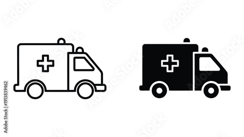 Ambulance icons, simple black and white ambulance vector illustration