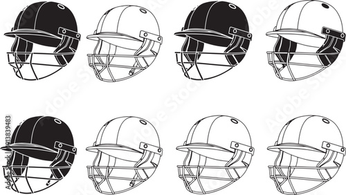 Vector illustration showcasing various black and white cricket helmets, highlighting essential protective headgear for players during matches, designed for safety and game play